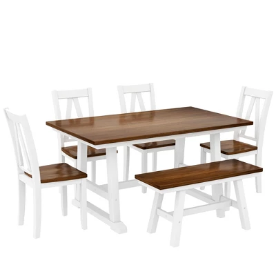 Farmhouse 6-Piece Wood Dining Table Set With Long Bench And 4 Dining Chairs-ModernLuxe 2 Farmhouse 6-Piece Wood Dining Table Set With Long Bench And 4 Dining Chairs-ModernLuxe - Image 2