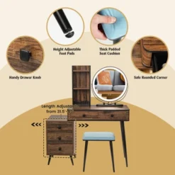 Costway Vanity Makeup Table Set 3-Color Dimmable Human Body Induction LED Light WhiteBrown -Baxton Studio Store GUEST 05700f89 6b8a 45e8 8687 b1a8300a9e0a