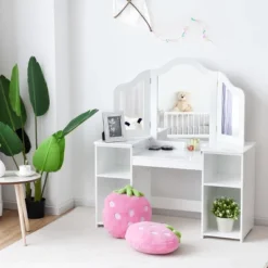 Costway Vanity Table Set Makeup Dressing Kids Girls Study Table Tri Folding Mirror WhitePink -Baxton Studio Store GUEST 0b8cd1cd 2cfe 4b78 a65a d98dc9a1c8ce