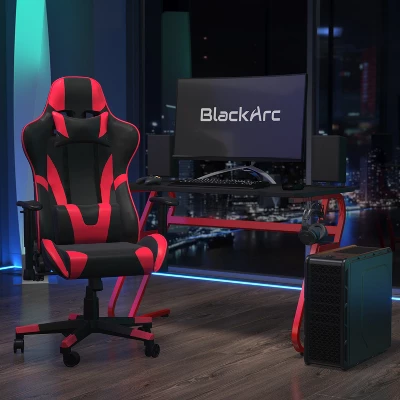 BlackArc Bravo Red Gaming Desk & Chair Set: High Back Gaming Chair With Lumbar Support & Adjustable Arms; Desk With Cupholder/Headphone Hook 1 BlackArc Bravo Red Gaming Desk & Chair Set: High Back Gaming Chair With Lumbar Support & Adjustable Arms; Desk With Cupholder/Headphone Hook