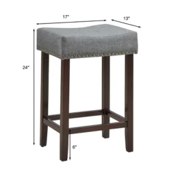 Costway Set Of 2 Nailhead Saddle Bar Stools 24'' Height W/ Fabric Seat & Wood Legs BeigeGray