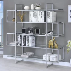 63" Contemporary 5 Shelf Zig Zag Bookcase With Glass Shelves Chrome - Coaster