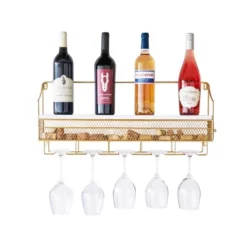 Twine Gold Wall Mounted Wine Rack, Holds 8 Standard Wine Bottles, Wood And Cast Iron, Cork Storage, Holds 5 Wine Glasses, Gold Finish -Baxton Studio Store GUEST 12ffaea0 3263 4019 acf3 b22f0a3be3f6