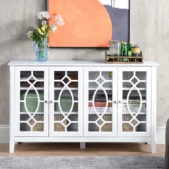 HOMCOM Modern Sideboard With Storage, Console Table, Buffet Cabinet With Glass Doors For Living Room, White