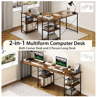 Costway 95'' Convertible L-shaped Corner Computer Desk 2-Person Long Desk Shelves Rustic/Black/Grey/Natural 5 Costway 95'' Convertible L-shaped Corner Computer Desk 2-Person Long Desk Shelves Rustic/Black/Grey/Natural - Image 5