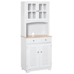 HOMCOM 67" Modern Buffet With Hutch, Louvered Kitchen Pantry Microwave Cabinet With Framed Glass Doors And 2 Drawers, White -Baxton Studio Store GUEST 222e08ab 4f68 4c38 97c6 37c8d6b86790