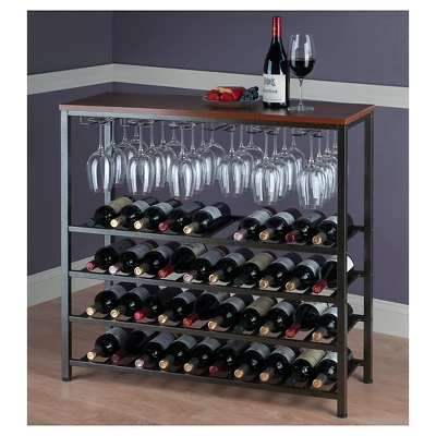 Michelle Wine Rack With Glass Hanger Metal/Antique Bronze/Teak - Winsome 2 Michelle Wine Rack With Glass Hanger Metal/Antique Bronze/Teak - Winsome - Image 2