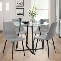 Hana + Bingo 5-Piece Round Clear Glass Dining Table Set With 4 Upholstered Chairs Black Legs - The Pop Maison