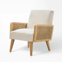 Chloé Cane Arm Chair With Wood Base Living Room Upholstered Accent Chair With Rattan Armrest | Karat Home -Baxton Studio Store GUEST 2b0eb3c2 97a6 48b5 b009 ebb19cc0fcfd