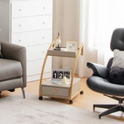 Costway Rolling End Table With Storage Drawer Tray Top 4 Casters Modern Bedside Trolley