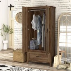 Nurembo 1 Drawer Wardrobe Closet Distressed Walnut - HOMES: Inside + Out -Baxton Studio Store GUEST 325f4d6f bb7b 4dd4 be44 e536f4355469