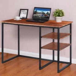 45" Tubular Metal Frame Desk With Wooden Top And 2 Side Shelves Brown/Black - The Urban Port 5 45" Tubular Metal Frame Desk With Wooden Top And 2 Side Shelves Brown/Black - The Urban Port -Baxton Studio Store GUEST 3274ca4c 010c 4e51 a0c7 f19712f7e679