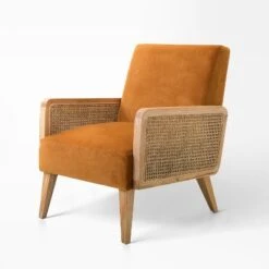 Chloé Cane Arm Chair With Wood Base Living Room Upholstered Accent Chair With Rattan Armrest | Karat Home -Baxton Studio Store GUEST 32a5081e 702f 4921 a4f2 12c409ba3a1f
