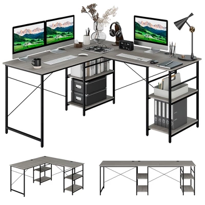 Costway 95'' Convertible L-shaped Corner Computer Desk 2-Person Long Desk Shelves Rustic/Black/Grey/Natural 12 Costway 95'' Convertible L-shaped Corner Computer Desk 2-Person Long Desk Shelves Rustic/Black/Grey/Natural - Image 12
