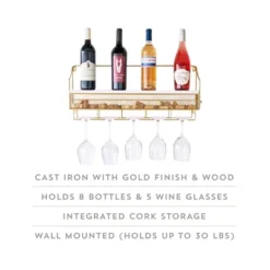 Twine Gold Wall Mounted Wine Rack, Holds 8 Standard Wine Bottles, Wood And Cast Iron, Cork Storage, Holds 5 Wine Glasses, Gold Finish -Baxton Studio Store GUEST 3b416f8c ee39 479b 8106 7250a75e96f4