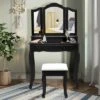Costway Vanity Makeup Dressing Table Set W/Stool 4 Drawer&Mirror Jewelry Wood Desk Black
