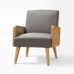 Chloé Cane Arm Chair With Wood Base Living Room Upholstered Accent Chair With Rattan Armrest | Karat Home -Baxton Studio Store GUEST 3dc47b15 ee89 40d9 8ac5 adff104c50c9