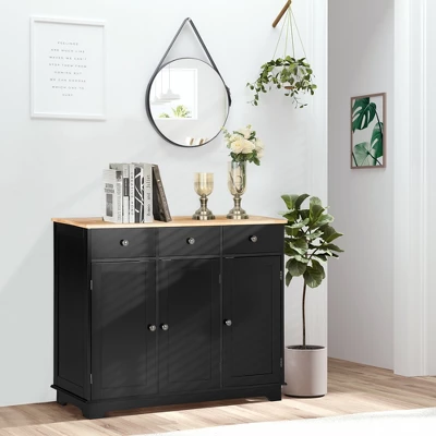 HOMCOM Modern Sideboard With Rubberwood Top, Buffet Cabinet With Storage Cabinets, Drawers And Adjustable Shelves For Living Room, Kitchen, Black 2 HOMCOM Modern Sideboard With Rubberwood Top, Buffet Cabinet With Storage Cabinets, Drawers And Adjustable Shelves For Living Room, Kitchen, Black - Image 2