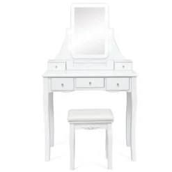 Tangkula LED Vanity Table Makeup Dresser Desk W/Drawers &Cushioned Stool Black/Brown/White -Baxton Studio Store GUEST 41016d66 57ab 40f6 95f4 397578237f90