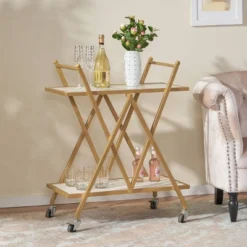 Chaves Handcrafted Modern Glam Marble Bar Cart Gold/White - Christopher Knight Home
