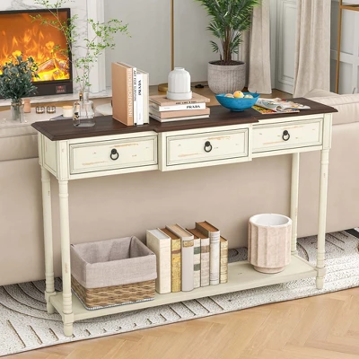 Costway Farmhouse Console Table Entryway Sideboard With 3 Drawers & Open Storage Shelf 4 Costway Farmhouse Console Table Entryway Sideboard With 3 Drawers & Open Storage Shelf - Image 4