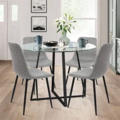 Hana + Bingo 5-Piece Round Clear Glass Dining Table Set With 4 Upholstered Chairs Black Legs - The Pop Maison -Baxton Studio Store GUEST 465b72bd 0383 4581 9857 509a6420e8d8