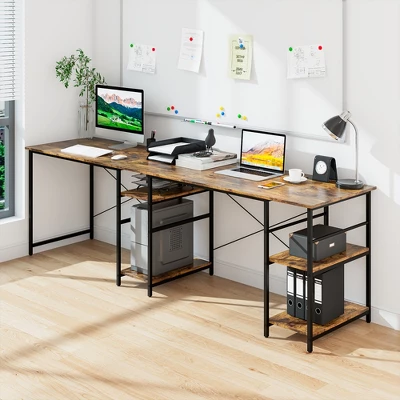 Costway 95'' Convertible L-shaped Corner Computer Desk 2-Person Long Desk Shelves Rustic/Black/Grey/Natural 3 Costway 95'' Convertible L-shaped Corner Computer Desk 2-Person Long Desk Shelves Rustic/Black/Grey/Natural - Image 3