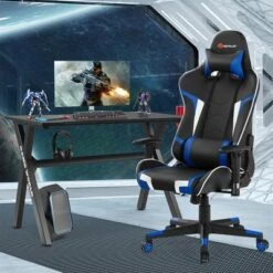 Costway X-Shaped Gaming Desk & Racing Style Massage Chair Set Home Office Black+White/Blue/Grey/Red