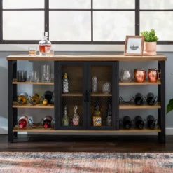 Jomeed Modern Industrial Farmhouse Metal Frame Wooden Buffet Coffee Entertainment Cabinet With Removable Wine Bottle And Stemware Racks -Baxton Studio Store GUEST 489f977e 2bd5 4ae2 bedb b58984670662