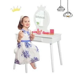 Costway Kids Vanity Makeup Table & Chair Set Make Up Stool Play Set For Children -Baxton Studio Store GUEST 4ad2da39 f72b 4a88 b12c 0030da7e0fa8