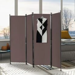 Costway 4-Panel Room Divider Folding Privacy Screen W/Steel Frame Decoration Brown