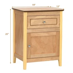 Costway 2PCS Nightstand With Drawer Accent Side End Table Storage Cabinet WhiteNatural