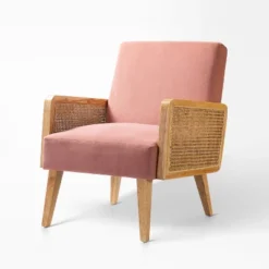 Chloé Cane Arm Chair With Wood Base Living Room Upholstered Accent Chair With Rattan Armrest | Karat Home -Baxton Studio Store GUEST 5753b359 7076 462a 9d2a 1cbec132c5f0
