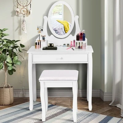 Costway Wooden Vanity Makeup Dressing Table Stool Set Bathroom White 3 Costway Wooden Vanity Makeup Dressing Table Stool Set Bathroom White - Image 3