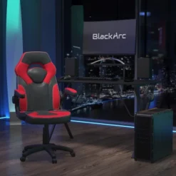 BlackArc Gamma Gaming Desk & Chair Set - Black & Red High Back Gaming Chair With Flip-Up Arms; Desk With Detachable Headphone Hook/Cupholder