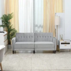 HOMCOM Convertible Sleeper Sofa, Futon Sofa Bed With Split Back Design Recline, Thick Padded Velvet-Touch Cushion Seating And Wood Legs, Light Grey -Baxton Studio Store GUEST 599c85ac f82e 46a6 8c98 a7fe91801285