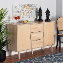 Harrison Wood And Rattan 3 Drawer Sideboard Dining Cabinet Natural Brown/Black - Baxton Studio -Baxton Studio Store GUEST 5c409941 d1c4 4141 93b6 c1d21e550808