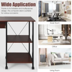 Costway Rolling Computer Desk Folding Writing Office Desk W/ Storage Shelves -Baxton Studio Store GUEST 6087761a 2953 4fa1 ab40 36ee1c44ec99