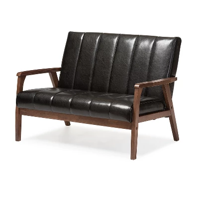 Nikko Mid-Century Modern Scandinavian Style Faux Leather Wooden 2 Seater Loveseat - Baxton Studio 4 Nikko Mid-Century Modern Scandinavian Style Faux Leather Wooden 2 Seater Loveseat - Baxton Studio - Image 4