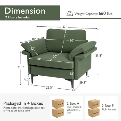 Costway Set Of 2 Upholstered Single Sofa Fabric Accent Armchair Metal Legs 3 Costway Set Of 2 Upholstered Single Sofa Fabric Accent Armchair Metal Legs - Image 3