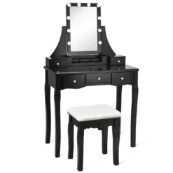 Tangkula LED Vanity Table Makeup Dresser Desk W/Drawers &Cushioned Stool Black/Brown/White -Baxton Studio Store GUEST 67ae6227 4794 4e0c 86d2 f7a095a354e2