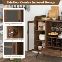 Costway Kitchen Storage Cabinet Sideboard With 3-Row Wineglass Holder Removable Rack Tempered Glass Door & Anti-Tipping Kits