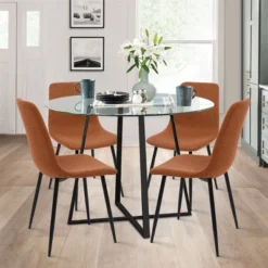 Hana + Bingo 5-Piece Round Clear Glass Dining Table Set With 4 Upholstered Chairs Black Legs - The Pop Maison -Baxton Studio Store GUEST 6ae28c1e 3fff 4165 95da 1f7622756cf9