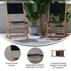Flash Furniture 2PK All-Weather Acacia Wood Folding Bistro Chairs-Mesh Back/Seat-Natural/Black -Baxton Studio Store GUEST 6c1a6de2 87b9 46ce b439 b49e04866ab6
