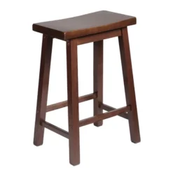 PJ Wood Classic Saddle-Seat 24'' Tall Kitchen Counter Stool For Homes, Dining Spaces, And Bars With Backless Seat, 4 Square Legs, Walnut (4 Pack)