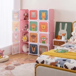 Costway 12-Cube Kids Wardrobe Baby Dresser Bedroom Armoire Clothes Hanging Closet With Door Blue/Pink -Baxton Studio Store GUEST 72bfccda e0c4 4514 b17f 8d2902b5c8ef