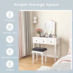 Costway Vanity Table Set Makeup Desk Cushioned Stool 3 Drawer Large Mirror White/Walnut -Baxton Studio Store GUEST 752a0803 d0d9 4707 ae0d d474e927f7a2