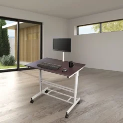 Stand Up Desk Store Rolling Adjustable Height Mobile Standing Desk With Monitor Mount (Silver Frame/Dark Walnut Top, 40" Wide) -Baxton Studio Store GUEST 7ddf5d64 0d7b 4a04 8992 53cd143fed3f