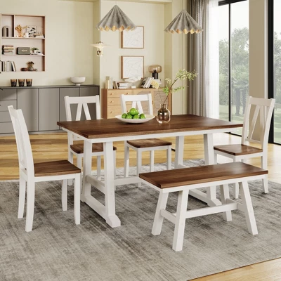 Farmhouse 6-Piece Wood Dining Table Set With Long Bench And 4 Dining Chairs-ModernLuxe 12 Farmhouse 6-Piece Wood Dining Table Set With Long Bench And 4 Dining Chairs-ModernLuxe - Image 12