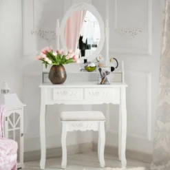 Costway Vanity Wood Makeup Dressing Table Stool 4 Drawers Black/White -Baxton Studio Store GUEST 8002fe35 bc11 44a8 b691 d43b0a298c51